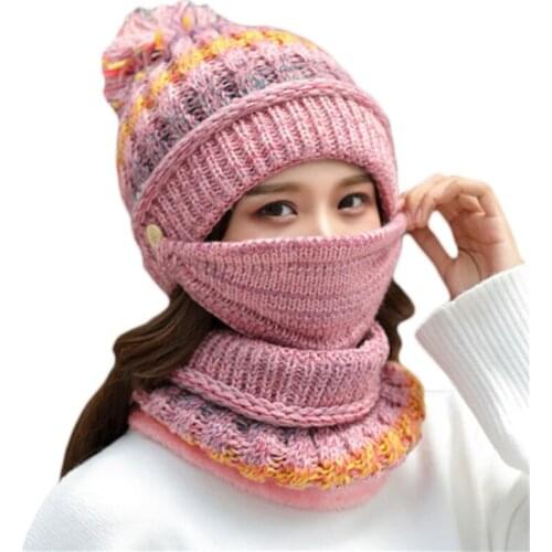 Women Winter 3Pcs Striped Knit Pompom Beanie Hat Plush Lined Scarf Face Mask Set X5XA