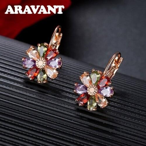 Ladies Zircon Flower Drop Earrings For Women Rose Gold Color Earring Fashion Jewelry