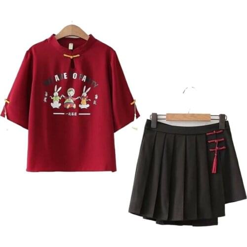 Women 2021 Summer Two Piece Skirt And Top Cartoon Print T Shirt Hight Waist Zipper Fly Mini Pleated Skirts Womens Costumes Sets