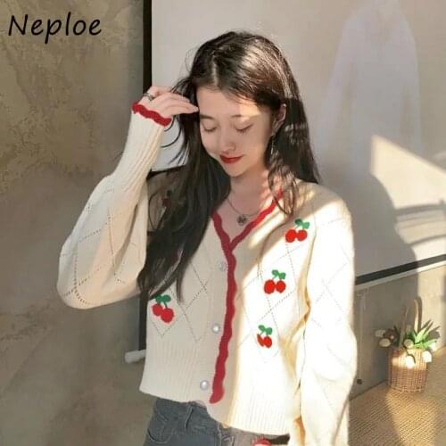 Neploe Vintage Cherry Printed Crop Tops Knitted V-neck Cardigans Women Sweater Long Sleeve Spring New Single Breasted Cardigan