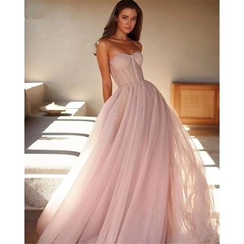 Blush Pink Prom Dresses A-line Sweetheart Tulle Dubai Saudi Arabic Robe De Soiree Long Prom Gown Evening Dresses