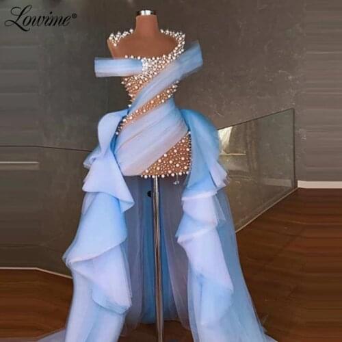 Lowime 2 Designs Light Blue Pearls Party Dress 2021 Custom Made High Low Prom Dresses Arabic See Through Evening Gowns Celebrity