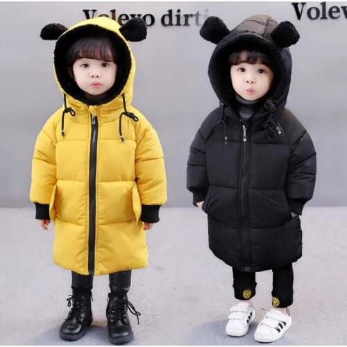 Winter 2-7Y Baby Girls Boys long Coat For Children Jackets Kids Clothes Thicken Warm Hooded Cotton Cartoon Bear Jacket For Boys