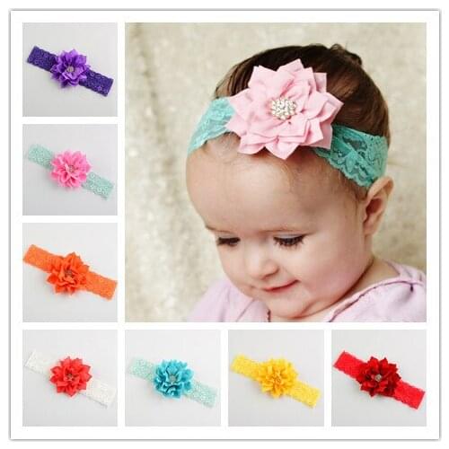 14pcs/lot 14.2 Inch Big Lace Flower Elastic headband With Big Camellia for woman Hair Alloy Rhinestones Girls Headwear FDA90