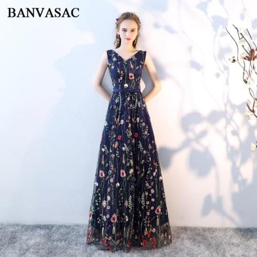 BANVASAC Elegant V Neck Floral Print A Line Long Evening Dresses Party Bow Sash Tulle Lace Up Backless Prom Gowns
