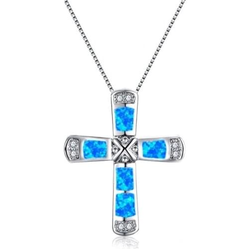 Fashion Cross Pendant Necklace White Fire Opal Wedding Jewelry For Women Christmas Gift Chain On The Neck Accessories