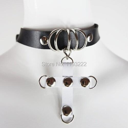 Black Sexy Punk Rock Cross D Round Metal Rivets Choker Handmade Leather Collar Chain Necklace