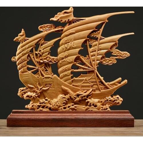 Thuja Wood 21CM Sailboat Sculpture Decorative Dish Double Sided Hollow Wood Carving Lucky Gift Boat Collection Home Decor