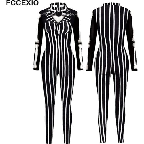FCCEXIO Halloween Skull 3D Print Sexy Bodysuits Women Plus Size Long Sleeve Cosplay New Party Tight Stripe Skeleton Jumpsuits