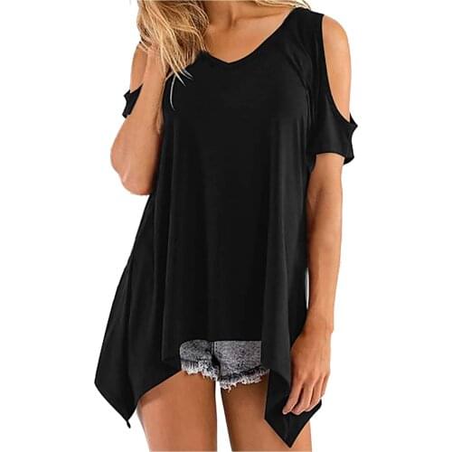 Hot Sale Women Bare Shoulder Blouse Shirts Vintage Boho Print Cold Shoulder Tunic Loose shirt Pure Color Short Sleeve Tees Tops
