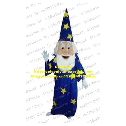 Cute Pink Blue Sorcerer Wizard Necromancer Warlock Mascot Costume With Red Open Mouth Blue Robe White Gloves Eyebrows No.7508