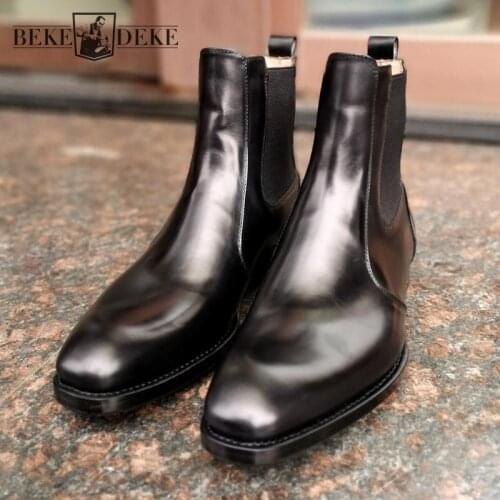 High Quality Handmade Cowboy Ankle Boots Genuine Leather Shoes Mens Chelsea Boots Slip-On Pointed Toe Motorcycle Bikers Boots