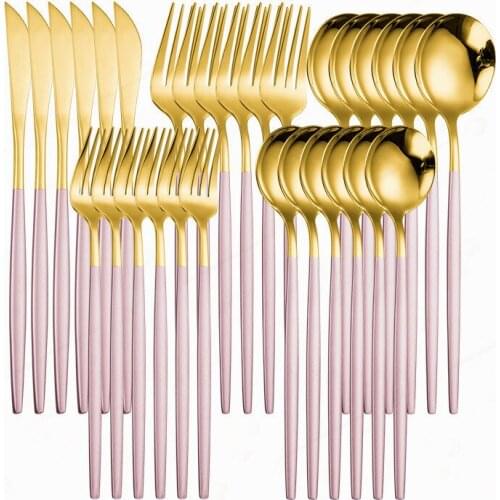 Pink Cutlery Set Stainless Steel Tableware Kitchen Set Dinnerware 30pcs Pink Gold Dinner Set Tableware Eco Friendly Flatware