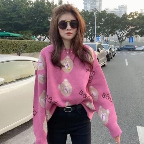 Gentle Japanese lazy wind bear sweater womens loose outer wear autumn and winter new 2021 cartoon design top thick