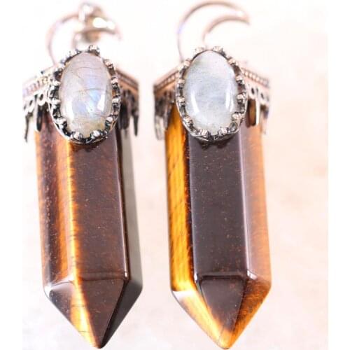 Necklace Pendant Natural Stone Labradorite Tiger Eye Hexagon Crown Half Moon for Making Jewelry 1Pcs K798