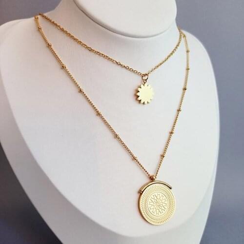 Stainless Steel Fashion Trend Women Gold Snow Thin Pendant Necklace Double Layer Disc Gold Snow Necklaces Jewelry Gift For Him
