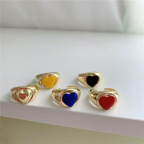 SRCOI Vintage Geometric Heart-Shaped Metal Colorful Drip Glaze Opening Ring Simple Enamel All-Match Temperament Women Jewelry