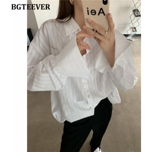 BGTEEVER Stylish Backless Women Lapel Solid Shirts Casual Full Sleeve Oversized Single-breasted Female Blouses 2021