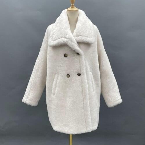 Real Shearling Trench Coat High Quality Women Winter Sheep Fur Coat Oversize Wool Teddy Overcoat