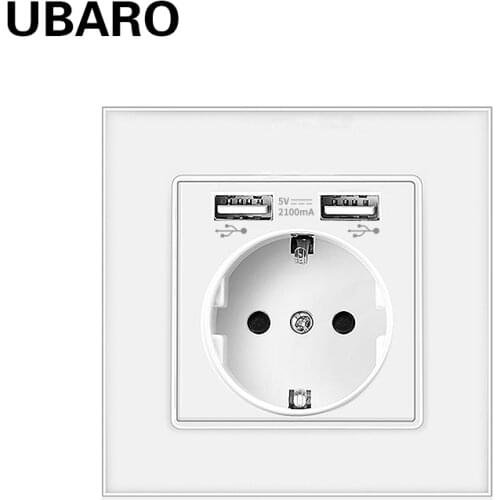 UBARO German Standard Ac100-250V 16A Crystal Glass Panel Socket Electrical Usb Plug Power Outlet Usb 5V 2100mA Wall Sockets
