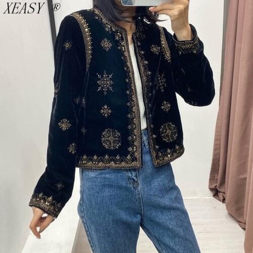 Womens Retro Palace Style Heavy Industry Embroidery Sequins Decorative Velvet Short Cardigan Jacket Autumn And Winter