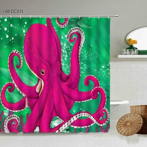 Cartoon Octopus Shower Curtain Baby Kids Bathroom Decor Marine Animal Colorful Art With Hook Waterproof Curtains Holiday Gift