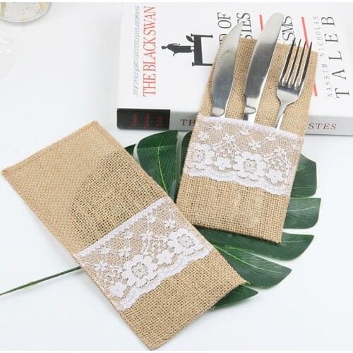 5pcs Burlap Lace Pouch Cutlery Holder Rustic Wedding Tableware Heart Knife Fork Cover Bag Hessian Jute Burlap Vintage Party Deco