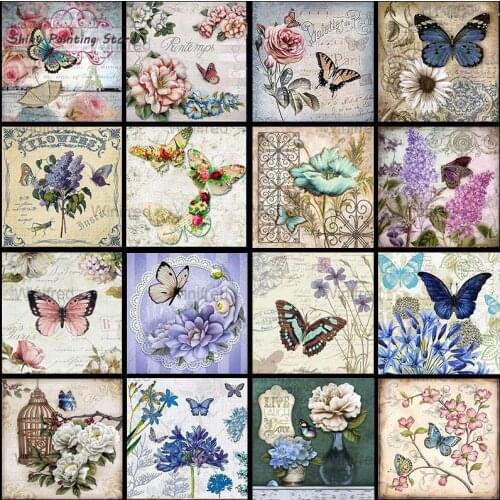 Retro 5D DIY Diamond Painting Butterfly Flower Full Square Round Drill Diamond Embroidery Vintage Stamp Picture Home Decoration