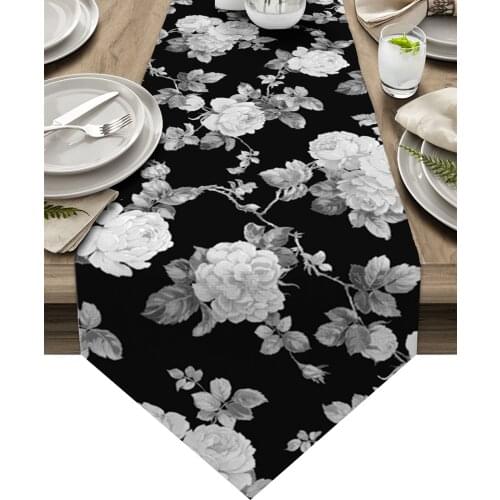 Black And White Roses Watercolor Flowers Table Runners Home Dining Coffee Table Decor Table Cloth Wedding Decoration Table Cover