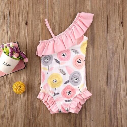 Brand New Baby Girl Ruffles One Shoulder Floral Printed Lace Patchwork Swimwear One-piece Swimsuit Outfit for 1-5T