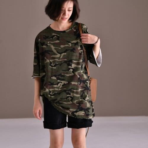 MICOCO T3976C print pure cotton T-shirt with broken edge round neck and short sleeves