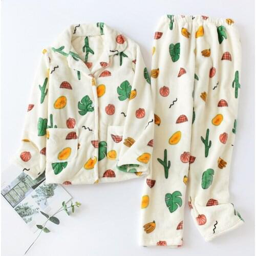 KISBINI Winter Pajamas Set For Women Leaves Printed Ladies' Flannel Pyjamas Sets Sleepwear Thick Warm Fleece Women Homewear