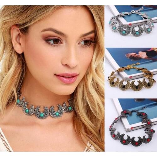 Boho Moon Choker Necklace Gypsy Jewelry Antique Bronze Silver Short Collier Femme Collar Neck Women Jewelry Chain