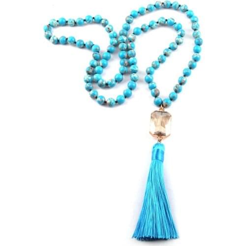 Fashion Bohemian Tribal Jewelry Empire Stone Knotted Square Crystal Link Tassel Necklace