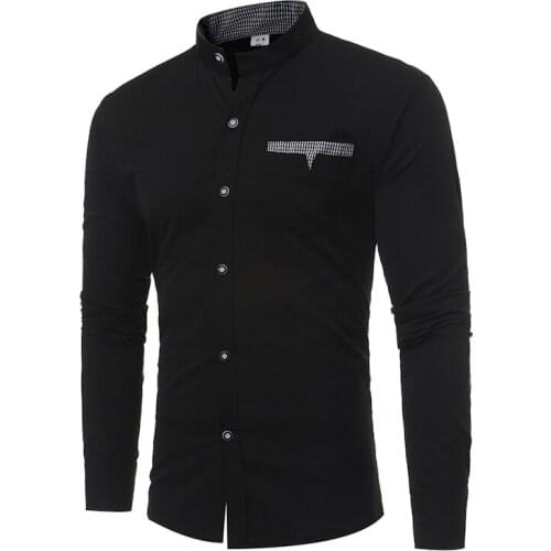 Mens Black Stand Collar Shirt 2021 Brand New Casual Button Down Dress Shirts Men Slim Fit Long Sleeve Business Social Shirt Man