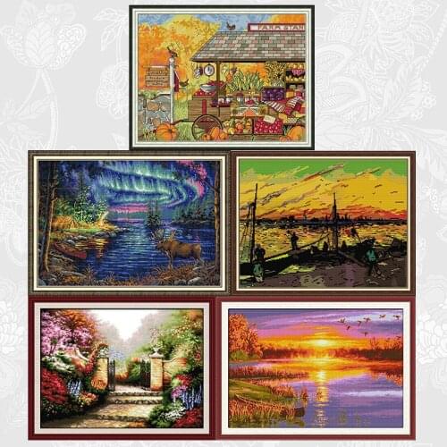 DIY Handmade Beginner Cross Stitch Kits Northern Lights Printed Canvas 14CT 11CT Fabric Autumn Sunset Embroidery Needlework