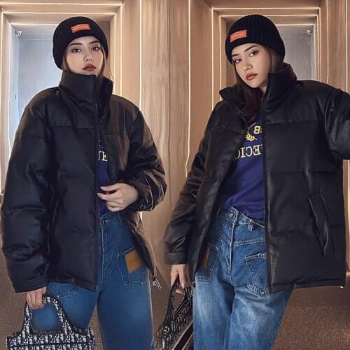 2021 New Women Winter PU Leather parkas Solid thicken zipper warm windproof jackets snow coat for female size