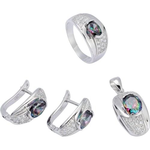 Eulonvan Charm 925 sterling silver women Engagement Wedding jewelry sets (ring/earring/pendant) Rainbow Cubic Zirconia S-3719set