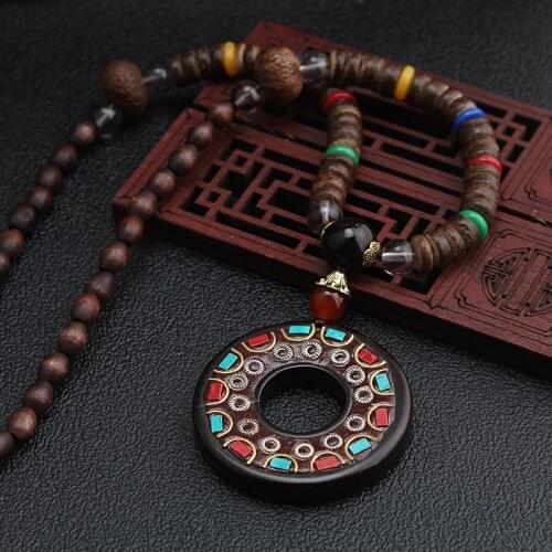 Handmade Vintage Ethnic Round Nepal Buddhist Mala Necklace Wood Beads Statement Pendants Necklace Women men Jewelry
