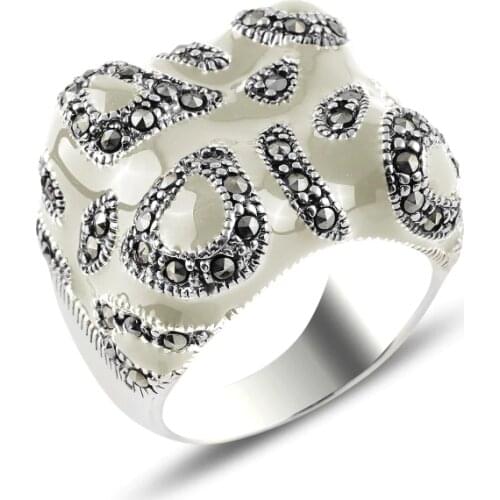 Silver 925 Sterling Enamel & Marcasite Ring