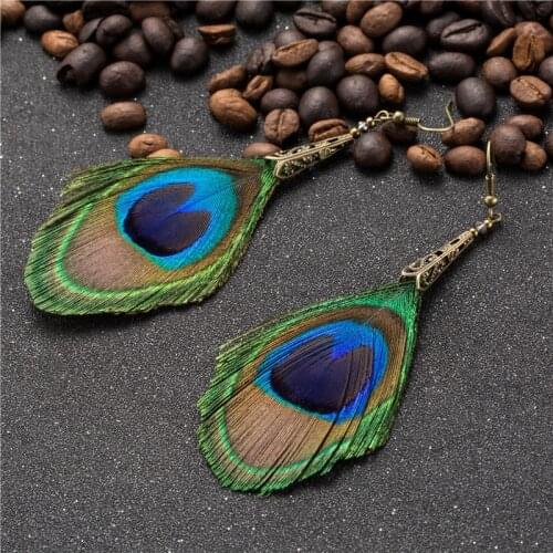 Earrings 2017 Women Big Long Natural Peacock Feather Bohemian Ethnic Trendy Hanging Drop Earring For Wedding Party Jewelry