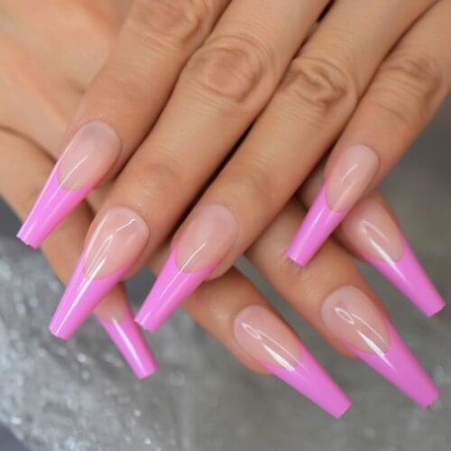 Super Long Dark Pink French Ballet Fake Nails Coffin Glossy Artificial Press On Nails False Ballerina Fingernails Tips Reusable