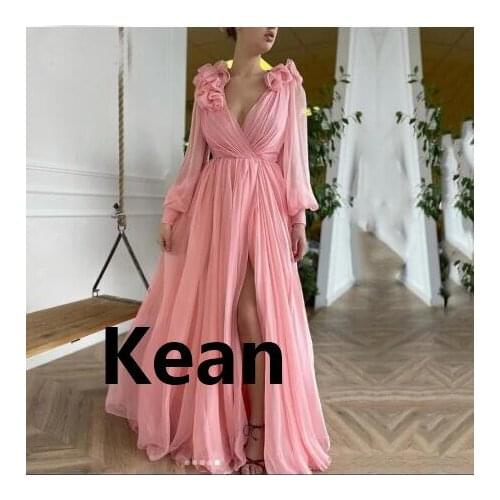 High Split Full Sleeves Evening Dresses V Neck Pleat Plus Dubai Arabic Saudi Arabian Prom Dress Custom Made