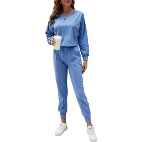 Women Two-piece Sportswear Autumn Solid Color Yoga Running Tracksuits Female Long Sleeve Pullover Crop Tops+Sweatpants Workout