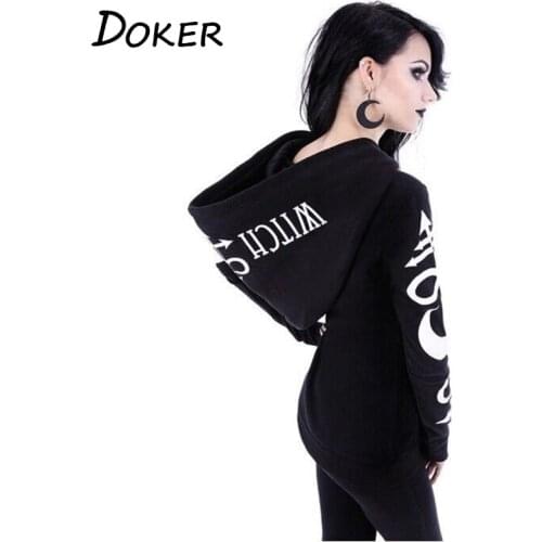 Women Hoodies Gothic Punk Moon Letter Print Sweatshirts 2020 Autumn Winter Long Sleeve Black Jacket Zipper Coat Casual Hoody 5XL