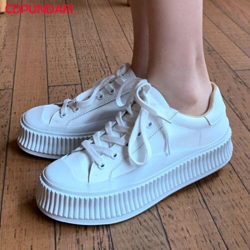 2021 Fashion Popular Cross-tied Genuine Leather Flat Platform Sneakers Women Spring Summer Luxury Casual Flats Shoes Black White