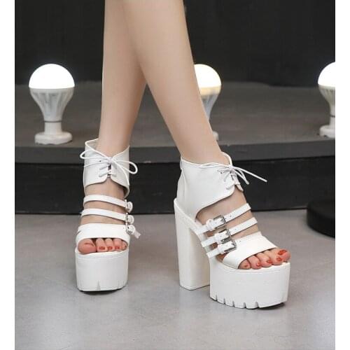 Fashion 2019 Women Sandals Shoes High Heels 14.5CM Platform Buckle Strap PU Leather Short Sandals Boot Black White Ladies Shoes