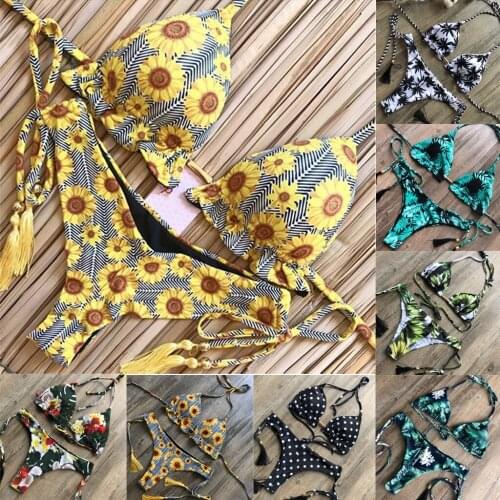 Sagace womens gold stamping printing tassel lace up sexy split swimsuit two piece suit slim swimsuit Beach Spa style Brazilian