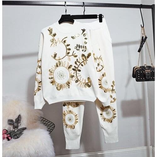 Chic embroidery womens sets 2019 spring autumn sequins sweaters+casual pants Women knitted sweat suit G066