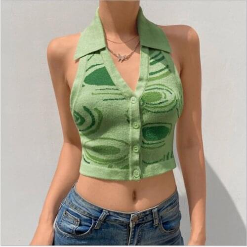 2021 Knit Y2K Crop Top Women Halter Neck Backless Summer Backless Green V Neck Casual Sleeveless Vintage Sexy Tank Tops
